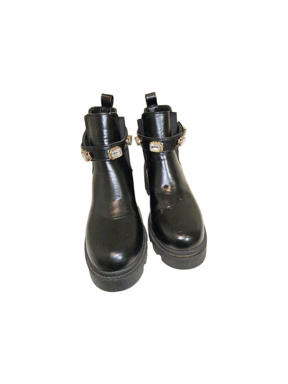 women s faux leather chelsea boots Black Lug Soles Rhinstone Ankle Straps Punk